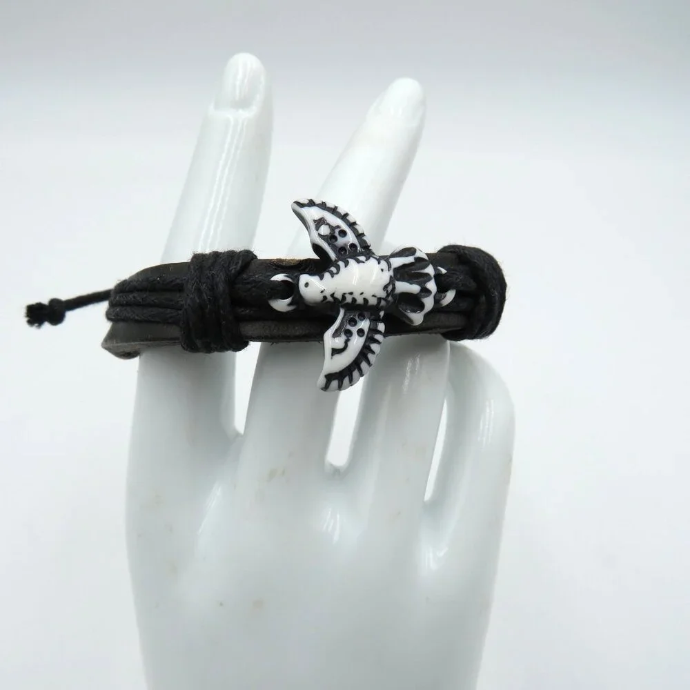 Adjustable Black Leather Cord Bracelet‎ Boho Bird Charm Fashion Wristband
